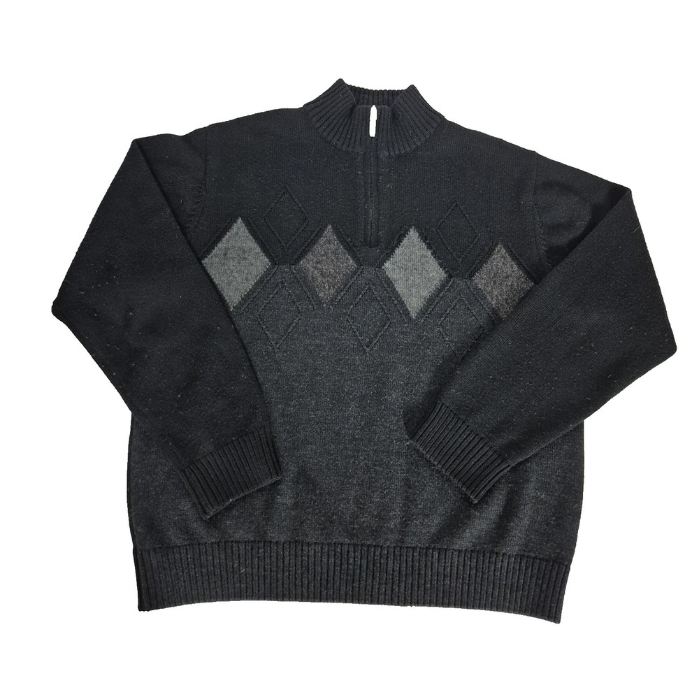 Alex Cannon Sweater Mens M Gray Argyle Merino Wool‎ Blend Italian Yarn 1/4 Zip